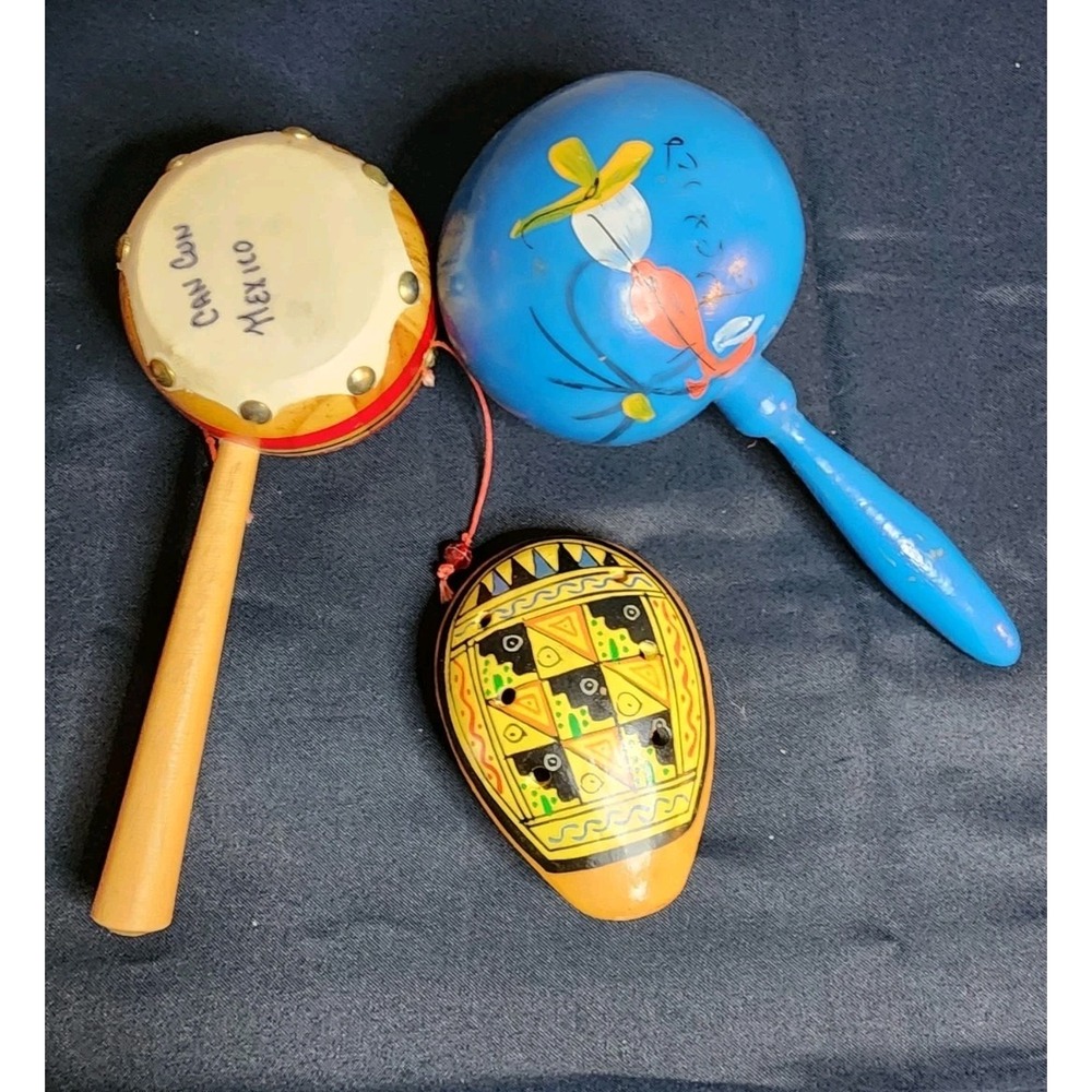 Mexican Folk Art Musical Instrument Set Maraca Drum Ocarina Cancun Mexico